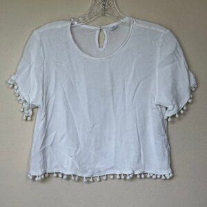 KELIKI HAWAII White Crinkle Crop Top Pom Pom Trim